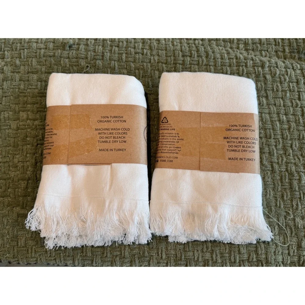 Sand Cloud Hand Towels Set of 2 White 100% Turkish Organic Cotton Fringed New